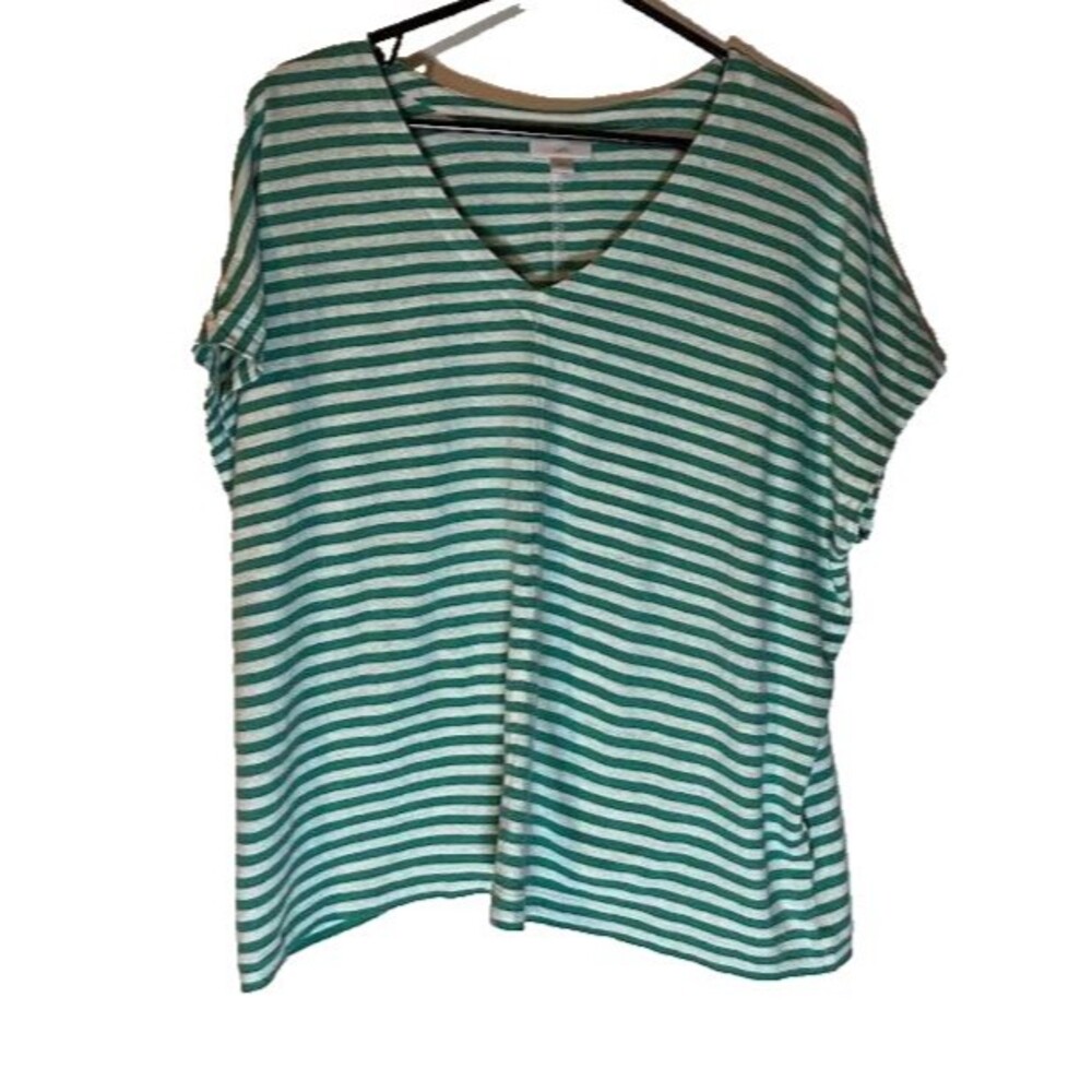 J. Jill Linen Blend Top L Green White Stripe V-Neck Cap Sleeve Casual Normcore